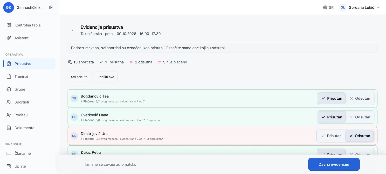 Ekran evidencije prisustva u VodimKlubu za trening takmičarske grupe, gde su sva deca unapred prisutna a označavaju se samo odsutna