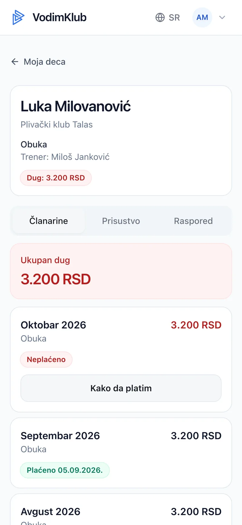 Kartica Članarine na telefonu roditelja sa ukupnim dugom od 3.200 dinara, neplaćenom članarinom za oktobar i plaćenom za septembar sa datumom uplate
