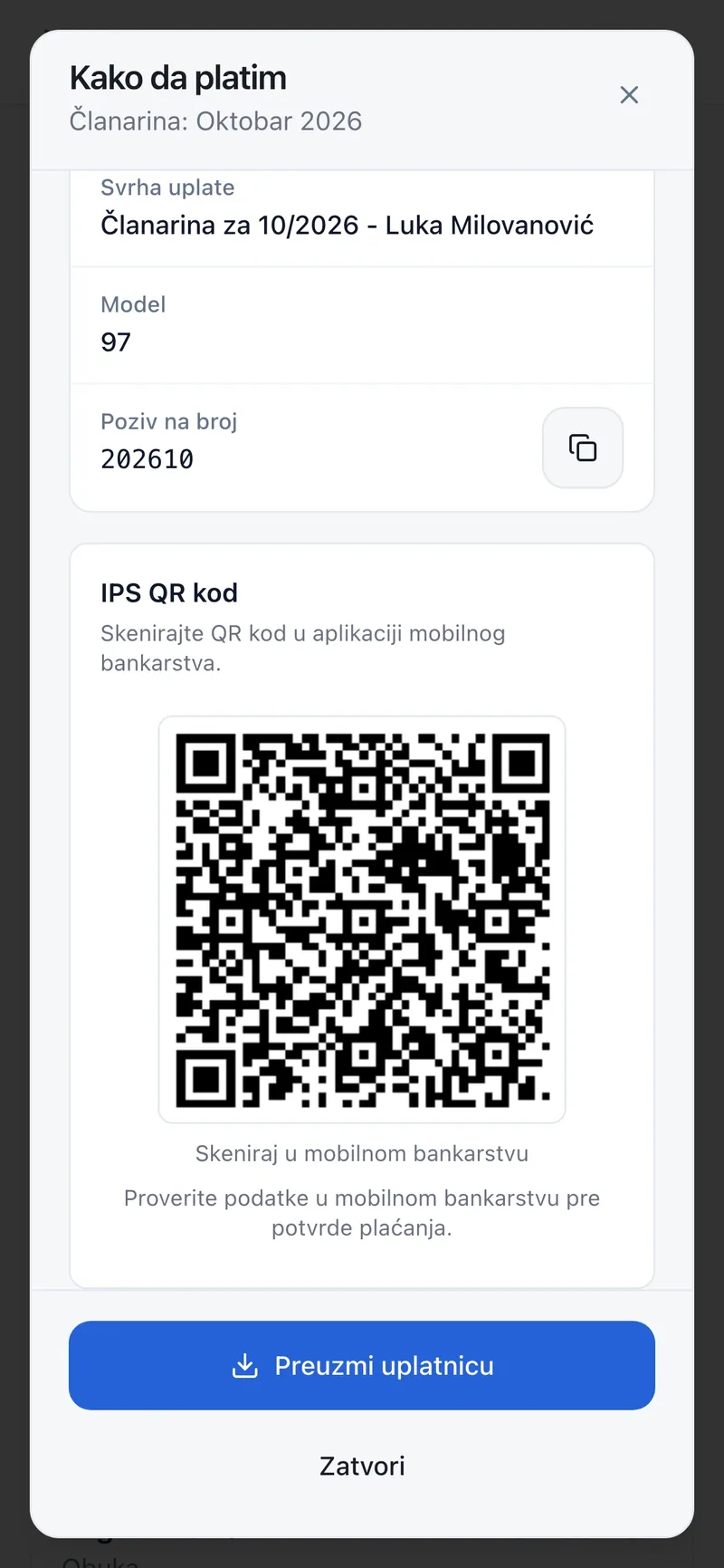 Prozor Kako da platim sa svrhom uplate, modelom, pozivom na broj, IPS QR kodom za mobilno bankarstvo i dugmetom za preuzimanje uplatnice