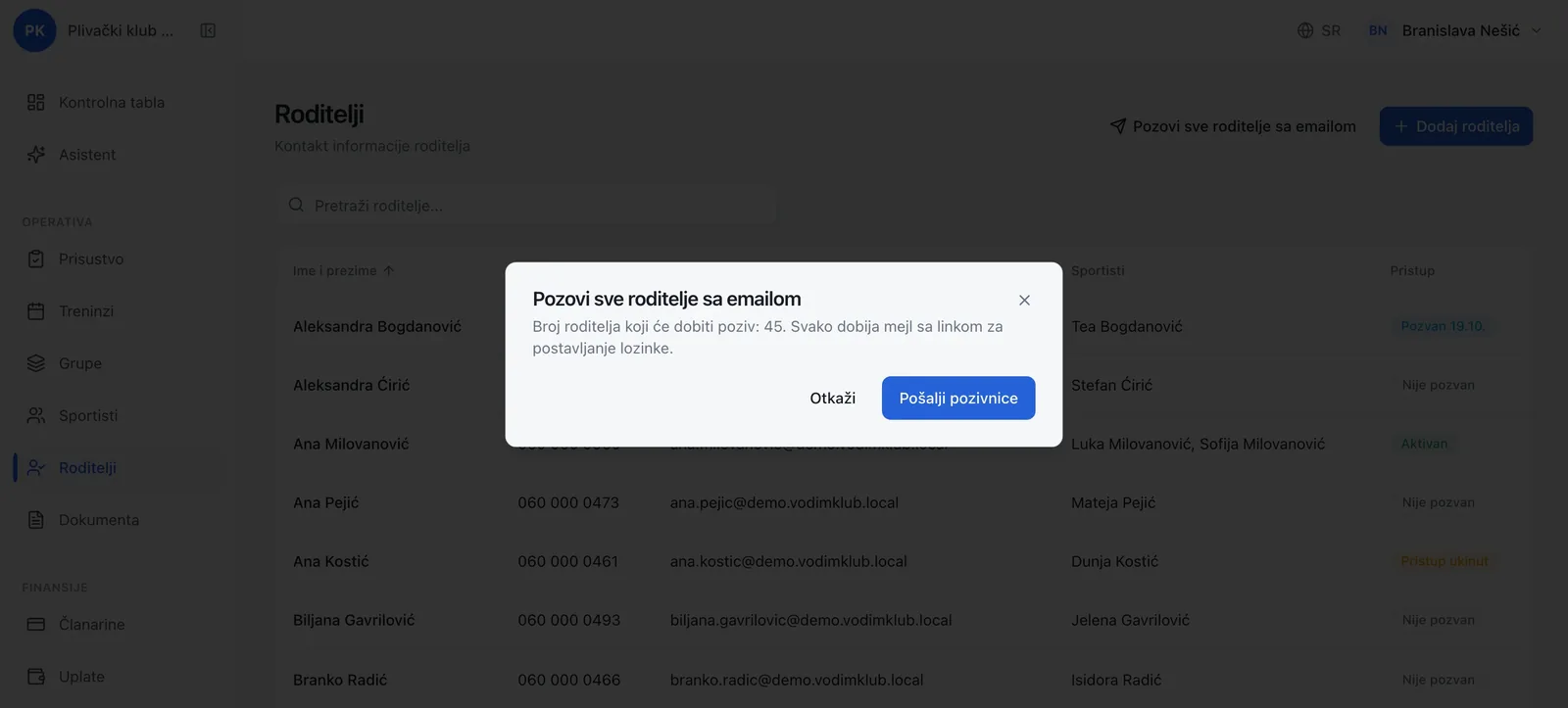 Potvrda pre slanja pozivnica svim roditeljima sa emailom, sa brojem roditelja koji će dobiti poziv