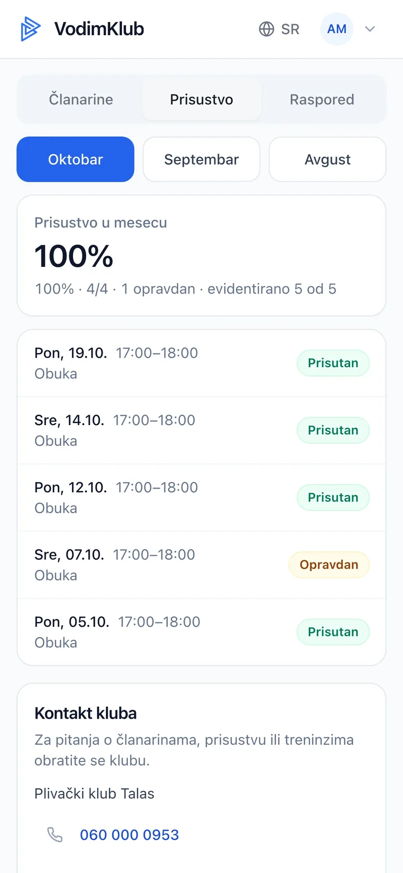 Kartica Prisustvo na telefonu roditelja za oktobar sa 100% prisustva i spiskom treninga označenih kao prisutan ili opravdan