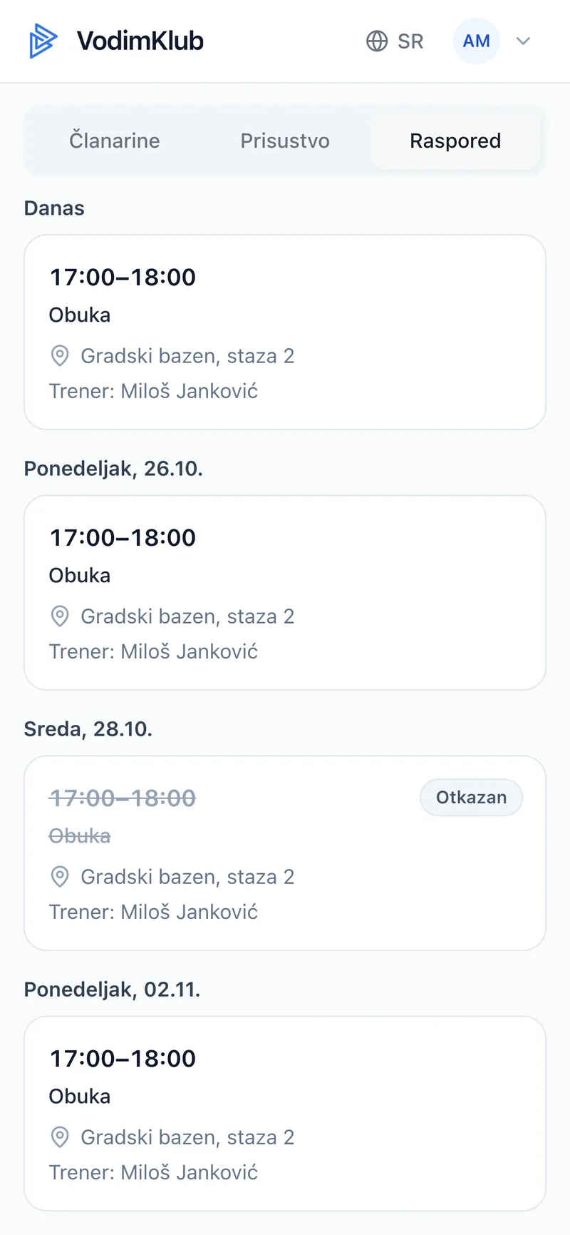Kartica Raspored na telefonu roditelja sa treninzima po danima, mestom, trenerom i jednim otkazanim, precrtanim treningom