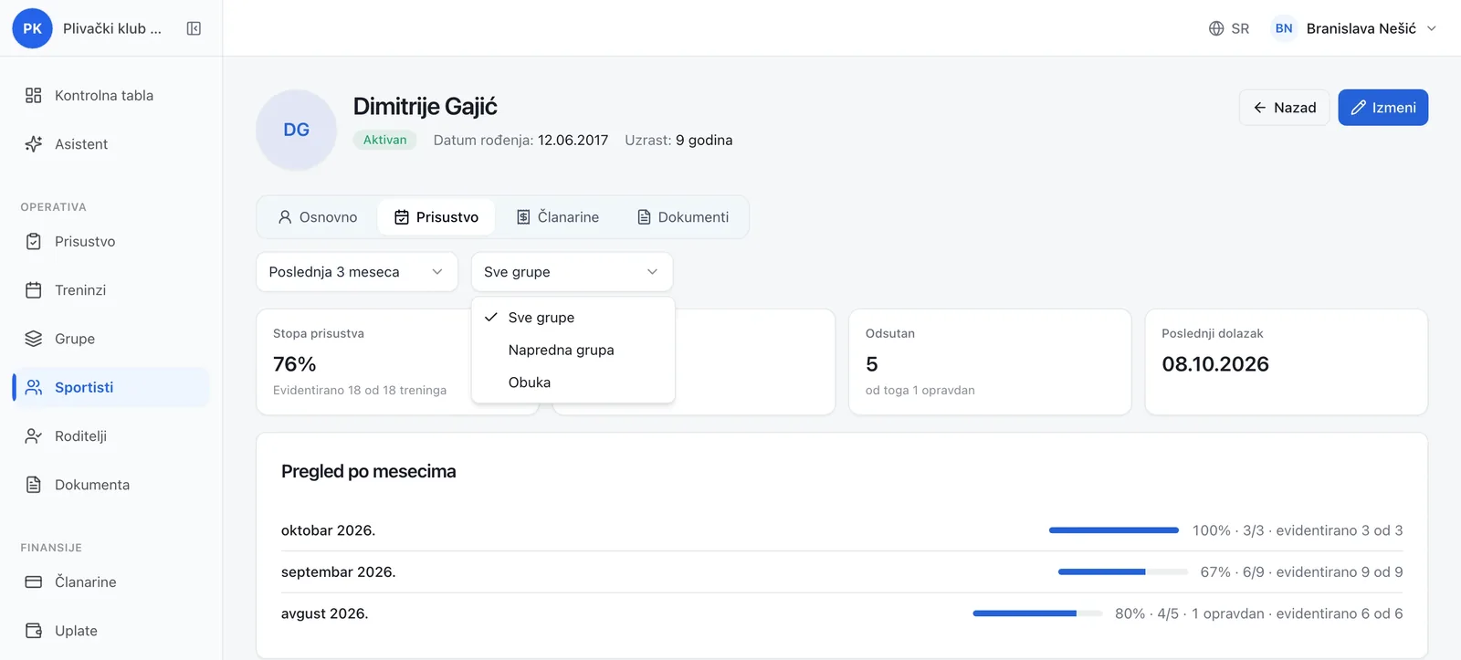 Profil deteta u VodimKlubu, kartica Prisustvo, sa filterom po grupi u kome su i grupa iz koje je dete prešlo i grupa u koju je prešlo