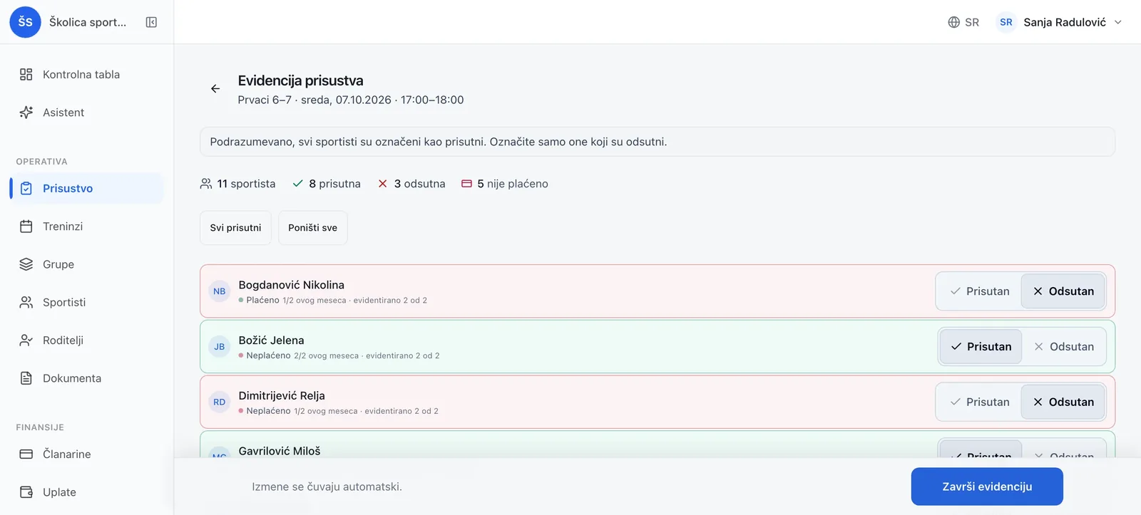 Ekran evidencije prisustva u VodimKlubu za trening uzrasne grupe školice sporta, gde su sva deca unapred prisutna a označavaju se samo odsutna